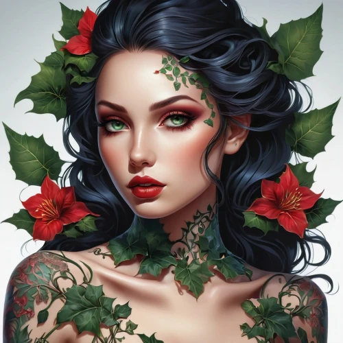 poinsettia,poison ivy,ivy,flora,rose wreath,rose flower illustration,fantasy portrait,floral wreath,holly wreath,christmas woman,winter rose,girl in a wreath,christmas pin up girl,elven flower,mistletoe,wreath of flowers,christmas flower,wreath,hedge rose,american holly,Photography,Artistic Photography,Artistic Photography 03
