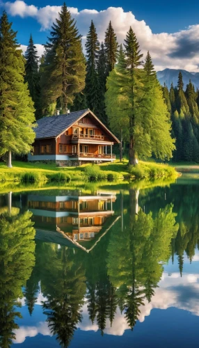 house with lake,beautiful lake,log home,beautiful landscape,alpine lake,home landscape,log cabin,summer cottage,landscape background,the cabin in the mountains,vermont,landscapes beautiful,nature landscape,meadow landscape,background view nature,water reflection,house in the forest,green landscape,slovenia,landscape nature,Photography,General,Realistic