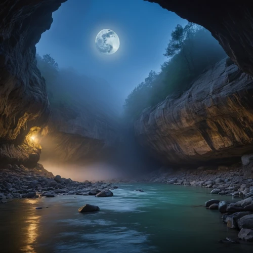 cave on the water,blue cave,moonlit night,valley of the moon,moon valley,sea cave,hanging moon,fantasy picture,moonlit,cave,the blue caves,blue caves,blue moon,fantasy landscape,moonscape,full moon,moonbow,pit cave,moon at night,mystical,Photography,General,Natural