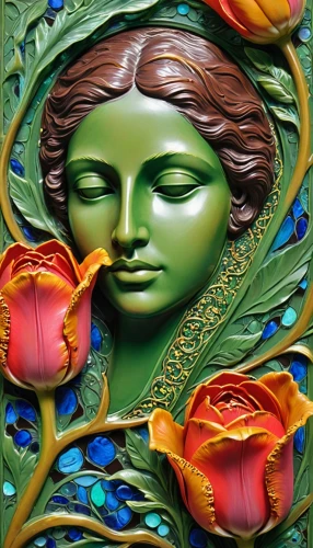 art nouveau,art nouveau design,glass painting,art nouveau frame,wood carving,mother earth statue,decorative art,art nouveau frames,decorative figure,prosperity and abundance,art deco ornament,carved wood,oil painting on canvas,woman sculpture,mother earth,flower painting,flora,secret garden of venus,bodypainting,bronze sculpture,Illustration,Realistic Fantasy,Realistic Fantasy 16