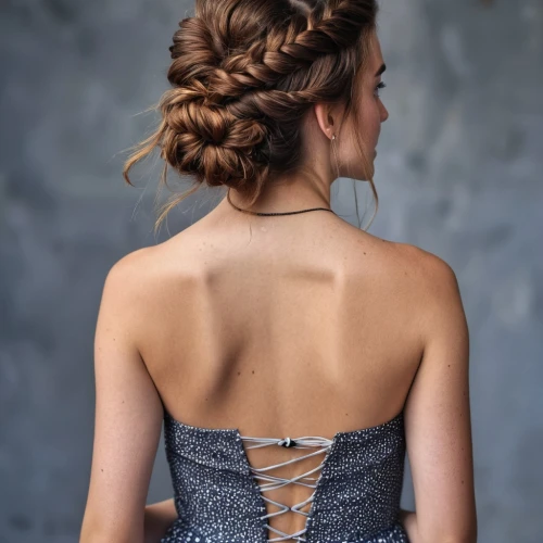 girl in a long dress from the back,updo,french braid,braid,strapless dress,fishtail,chignon,girl from the back,connective back,back view,girl from behind,braided,braiding,katniss,shoulder length,back of head,bodice,mermaid silhouette,woman's backside,girl in a long dress,Photography,General,Realistic