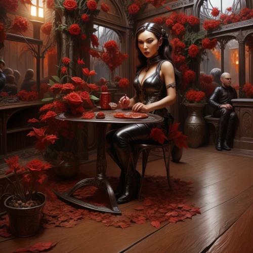 woman at cafe,sci fiction illustration,apothecary,fantasy picture,fantasy art,widow flower,red lantern,tearoom,the coffee shop,flower shop,way of the roses,coffeehouse,tavern,black rose,fantasy portrait,barmaid,game illustration,paris cafe,scent of roses,flower arranging