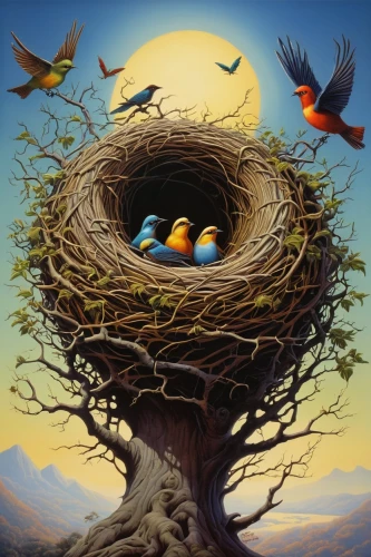 bird nests,birds on a branch,bird nest,robin's nest,bird kingdom,bird bird kingdom,bird home,birds on branch,bird's nest,songbirds,nest,easter nest,nest easter,bird robins,bird house,roost,spring nest,bird painting,nesting place,flock of birds,Illustration,Children,Children 01