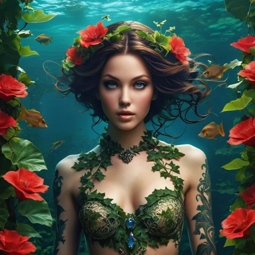 poison ivy,water nymph,flora,mermaid background,dryad,underwater background,coral reef,siren,ivy,girl in a wreath,beautiful girl with flowers,mermaid,faerie,wreath of flowers,elven flower,mermaid vectors,fantasy portrait,fantasy art,hula,faery,Photography,Artistic Photography,Artistic Photography 01