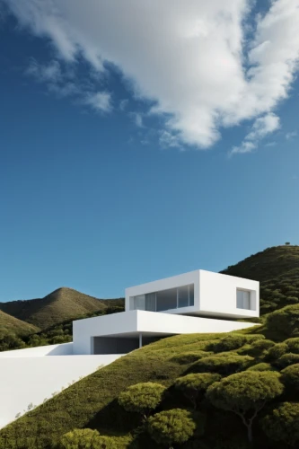 dunes house,modern house,house in mountains,archidaily,3d rendering,cubic house,modern architecture,house in the mountains,roof landscape,cube house,residential house,render,cube stilt houses,home landscape,frame house,grass roof,virtual landscape,futuristic architecture,arhitecture,futuristic art museum