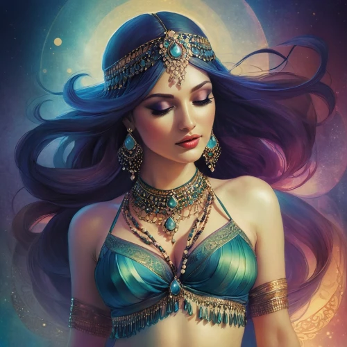 cleopatra,fantasy portrait,zodiac sign libra,fantasy art,radha,priestess,blue enchantress,ancient egyptian girl,arabian,fantasy woman,fantasy picture,mystical portrait of a girl,sorceress,mermaid vectors,jasmine,oriental princess,belly dance,the enchantress,athena,pocahontas,Illustration,Realistic Fantasy,Realistic Fantasy 15