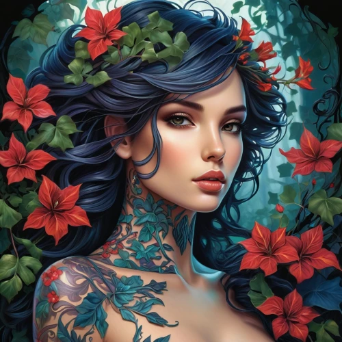 fantasy portrait,flora,wreath of flowers,floral wreath,girl in flowers,poison ivy,girl in a wreath,beautiful girl with flowers,romantic portrait,ivy,floral,colorful floral,fantasy art,floral heart,magnolia,floral background,blue hydrangea,jasmine blossom,blooming wreath,widow flower,Photography,Artistic Photography,Artistic Photography 02