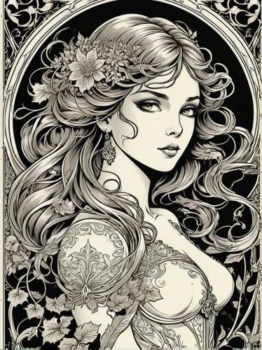 mucha,art nouveau design,art nouveau,dryad,art nouveau frame,filigree,flora,jessamine,faery,gardenia,faerie,boho art,zodiac sign libra,the enchantress,laurel wreath,victorian lady,eglantine,celtic queen,art nouveau frames,camellia,Illustration,Retro,Retro 13