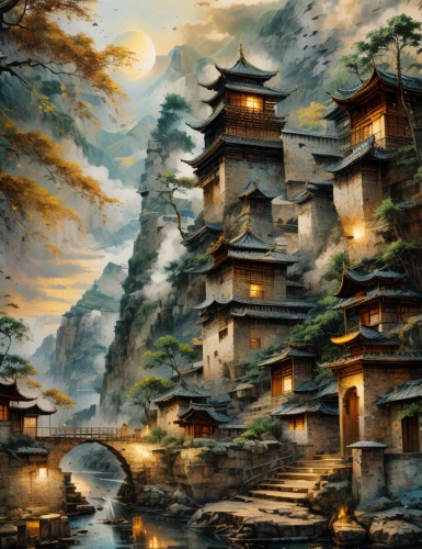 asian architecture,chinese architecture,japanese architecture,oriental painting,chinese art,japan landscape,japanese art,fantasy landscape,chinese temple,world digital painting,ancient city,oriental,forbidden palace,ancient buildings,hanging temple,stone pagoda,japanese background,fantasy picture,chinese style,ancient house