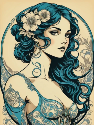 mucha,art nouveau design,art nouveau,the zodiac sign pisces,blue moon rose,jasmine blue,boho art,mermaid vectors,gold foil mermaid,cool woodblock images,jasmine blossom,zodiac sign libra,art deco woman,gardenia,blue rose,moonflower,the sea maid,flora,zodiac sign gemini,beach moonflower,Illustration,Retro,Retro 13