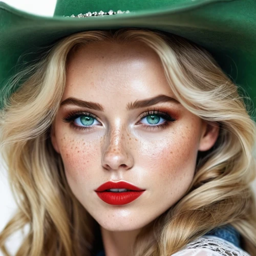 vintage makeup,red lips,green eyes,red lipstick,heterochromia,irish,red and green,red hat,sombrero,leather hat,women's eyes,emerald,girl wearing hat,elsa,model beauty,beret,pointed hat,cowgirl,red green,beautiful bonnet,Illustration,Paper based,Paper Based 11