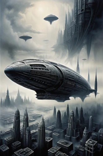 airships,airship,sci fiction illustration,alien ship,futuristic landscape,sci fi,starship,sci - fi,sci-fi,science fiction,ufo intercept,scifi,extraterrestrial life,science-fiction,space ships,black city,alien invasion,zeppelins,air ship,spaceships,Conceptual Art,Sci-Fi,Sci-Fi 02