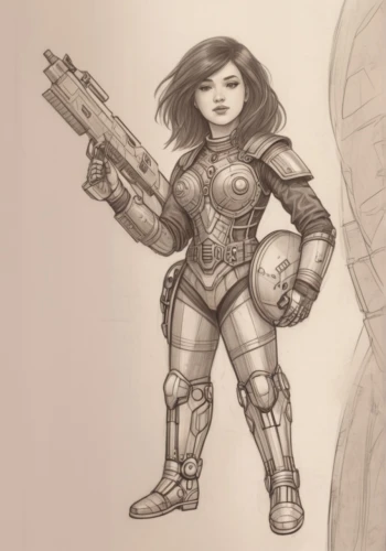 pencils,game drawing,starting pistol,female warrior,girl with gun,woman holding gun,girl with a gun,spacesuit,concept art,space-suit,mono-line line art,pencil,graphite,comic character,huntress,pencil and paper,nova,sci fiction illustration,mulan,sterntaler,Illustration,Japanese style,Japanese Style 06