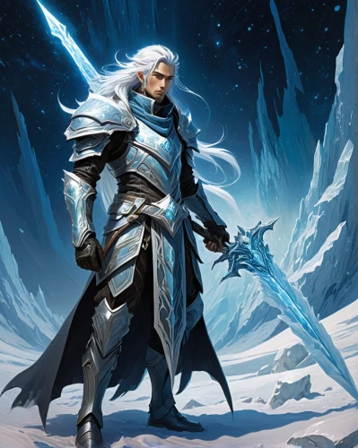 male elf,father frost,white walker,heroic fantasy,eternal snow,iceman,dane axe,massively multiplayer online role-playing game,cullen skink,winterblueher,the snow queen,ice queen,northrend,dark elf,witcher,white rose snow queen,the white torch,suit of the snow maiden,thorin,glory of the snow,Illustration,Realistic Fantasy,Realistic Fantasy 03