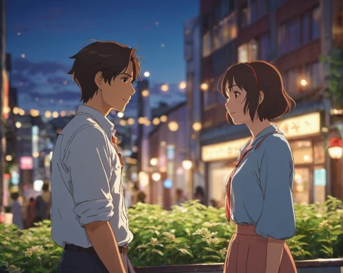 studio ghibli,hands holding,ginza,hiyayakko,boy and girl,shirakami-sanchi,takato cherry blossoms,girl and boy outdoor,romantic scene,romantic meeting,shibuya,aomoriya,anime japanese clothing,red string,izakaya,tsumugi kotobuki k-on,kyoto,street scene,anime 3d,summer evening,Photography,General,Cinematic