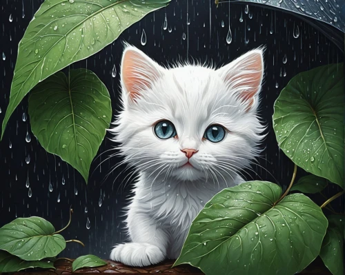 rain cats and dogs,cat with blue eyes,blue eyes cat,white cat,in the rain,rainy,rainy day,rainy season,kitten,silver rain,raindops,rain,cute cat,raining,rainy weather,raindrops,rain shower,little cat,walking in the rain,cat on a blue background,Illustration,Abstract Fantasy,Abstract Fantasy 02