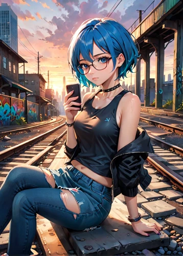 2d,darjeeling,blue rose near rail,red heart on railway,railroad bridge,red and blue heart on railway,railroad crossing,the girl at the station,railroad,railroad track,dusk background,woman holding a smartphone,railway tracks,blue hair,railroad tracks,honolulu,rail road,railway,belfast,city trans,Anime,Anime,General