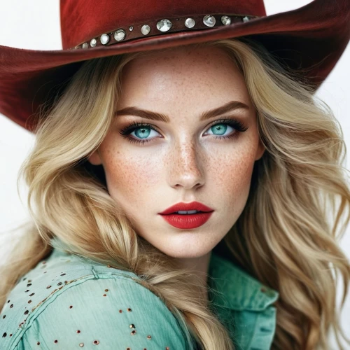 cowgirl,elsa,cowboy hat,leather hat,red hat,cowgirls,sombrero,countrygirl,straw hat,red lips,red lipstick,brown hat,western,vintage makeup,wild west,pointed hat,girl wearing hat,beret,vintage woman,retro woman,Illustration,Realistic Fantasy,Realistic Fantasy 15