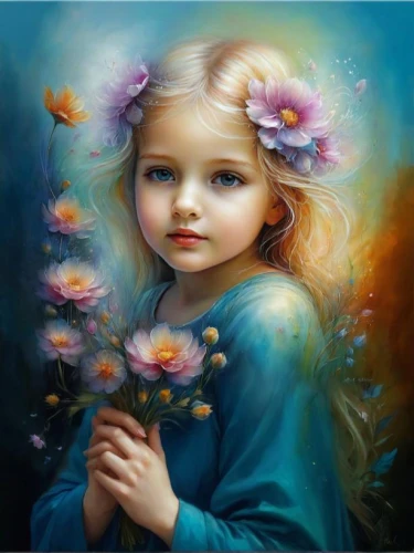 little girl fairy,girl in flowers,child fairy,flower painting,flower fairy,mystical portrait of a girl,blue butterflies,faery,beautiful girl with flowers,girl picking flowers,faerie,flower girl,oil painting on canvas,little girl in wind,splendor of flowers,fantasy art,art painting,child portrait,fantasy portrait,fairy