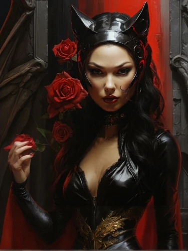 scarlet witch,vampire woman,devil,fantasy woman,vampire lady,huntress,dark angel,fantasy art,evil woman,black rose hip,femme fatale,sorceress,gothic woman,catwoman,fantasy portrait,queen of hearts,the enchantress,fantasy picture,red rose,vampire