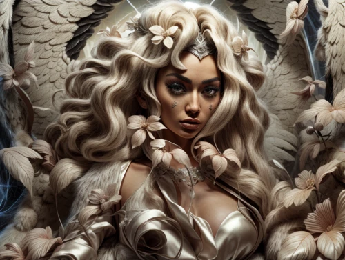 harpy,baroque angel,fantasy portrait,fantasy art,priestess,fantasy woman,dryad,sorceress,heroic fantasy,fallen angel,white feather,suit of the snow maiden,ice queen,archangel,the enchantress,uriel,gryphon,medusa,faerie,the snow queen