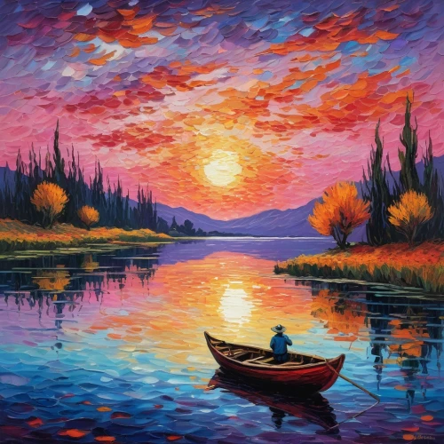 boat landscape,oil painting on canvas,evening lake,fishing float,incredible sunset over the lake,kayaking,painting technique,purple landscape,oil painting,canoe,oil on canvas,art painting,autumn landscape,river landscape,landscape background,kayak,row boat,fall landscape,khokhloma painting,indigenous painting,Art,Artistic Painting,Artistic Painting 04