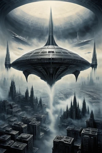alien ship,airships,futuristic architecture,black city,airship,sci fi,extraterrestrial life,sci fiction illustration,starship,futuristic landscape,alien invasion,sci - fi,sci-fi,alien world,science fiction,ufo intercept,metropolis,space ship,alien planet,scifi,Conceptual Art,Sci-Fi,Sci-Fi 02