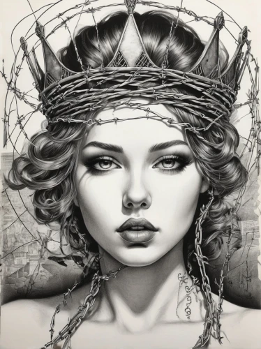crown of thorns,seven sorrows,headdress,crowned,queen cage,queen crown,headpiece,crown-of-thorns,crown,princess crown,medusa,flower crown of christ,charcoal drawing,imperial crown,crown of the place,crown render,celtic queen,feather headdress,crowning,heart with crown,Illustration,Black and White,Black and White 25