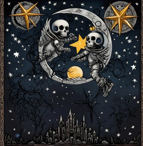 halloween poster,tarot,halloween background,tarot cards,lunar phases,halloween wallpaper,moon and star background,day of the dead skeleton,halloween illustration,stars and moon,danse macabre,memento mori,day of the dead frame,the moon and the stars,skeletons,vintage skeleton,day of the dead icons,moon phase,fairy tale icons,vanitas,Illustration,Realistic Fantasy,Realistic Fantasy 46