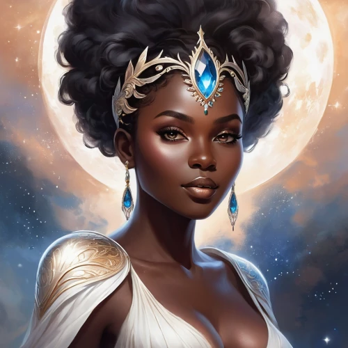 fantasy portrait,zodiac sign libra,african woman,queen of the night,priestess,african american woman,tiana,fantasy art,beautiful african american women,cleopatra,sorceress,goddess of justice,celestial,sun moon,venus,cybele,fantasy woman,zodiac sign gemini,afro-american,warrior woman,Illustration,Realistic Fantasy,Realistic Fantasy 01
