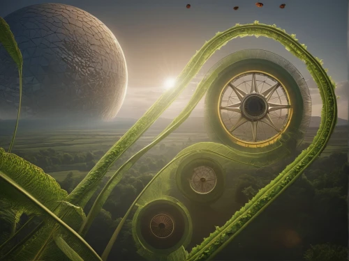 futuristic landscape,flying seeds,alien planet,spheres,gas planet,mushroom landscape,panoramical,planet eart,alien world,flying seed,planet alien sky,lotus pod,terraforming,sky space concept,planet,digital compositing,planetary system,orbiting,gyroscope,airships,Photography,General,Realistic