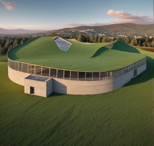 golf hotel,grass roof,dunes house,turf roof,glass rock,golf club,radio telescope,cooling house,planetarium,musical dome,futuristic art museum,guggenheim museum,golf resort,feng shui golf course,round house,eco hotel,archidaily,cube house,observatory,roof landscape,Photography,General,Realistic