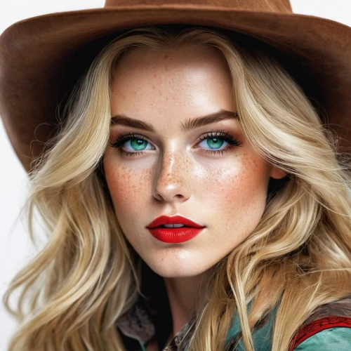 red lips,beret,red lipstick,vintage makeup,leather hat,elsa,retouching,red hat,freckles,model beauty,poppy red,fiery,brown hat,sombrero,blonde woman,cowgirl,heterochromia,turquoise,natural cosmetic,airbrushed,Illustration,Paper based,Paper Based 11