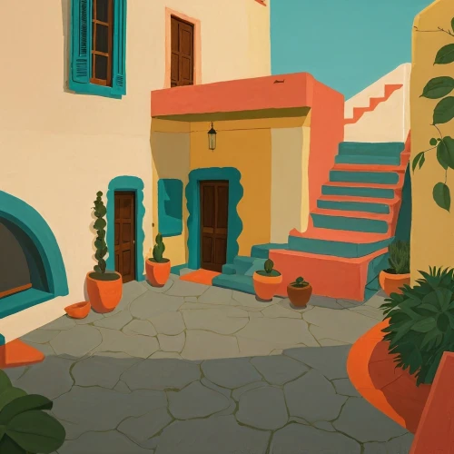 santorini,positano,puglia,capri,hacienda,mediterranean,ancient house,riad,terracotta tiles,home landscape,low poly,mykonos,house painting,aeolian islands,saturated colors,oia,courtyard,houses clipart,stylized,traditional house