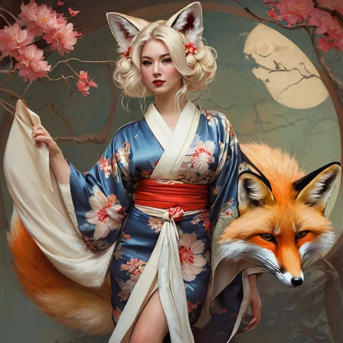 kitsune,geisha,kimono,geisha girl,mukimono,japanese art,garden-fox tail,kimono fabric,fox,foxes,fantasy portrait,cute fox,fennec,oriental princess,japanese icons,kimonos,oriental painting,adorable fox,japanese woman,a fox,Conceptual Art,Fantasy,Fantasy 18