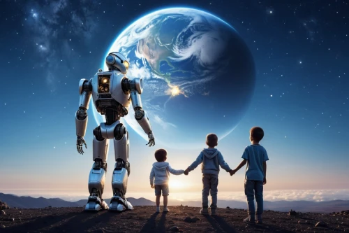 prospects for the future,robotics,robot in space,robots,humans,artificial intelligence,humanoid,fridays for future,human,mankind,sci fiction illustration,next generation,social bot,exo-earth,human right,background image,science fiction,binary system,earth rise,robot,Photography,General,Realistic
