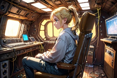 flight engineer,violet evergarden,cockpit,girl at the computer,darjeeling,pilot,sci fiction illustration,carrack,operator,cg artwork,freelancer,engineer,ship travel,game illustration,link,astronomer,girl studying,helicopter pilot,world digital painting,heavy object,Anime,Anime,General