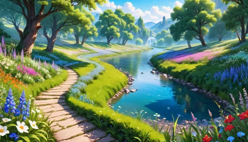 landscape background,meadow landscape,spring background,fantasy landscape,springtime background,pathway,nature landscape,cartoon video game background,blooming field,clover meadow,spring morning,tulip field,flower field,river landscape,brook landscape,flower painting,flower meadow,salt meadow landscape,green meadow,beautiful landscape,Anime,Anime,General