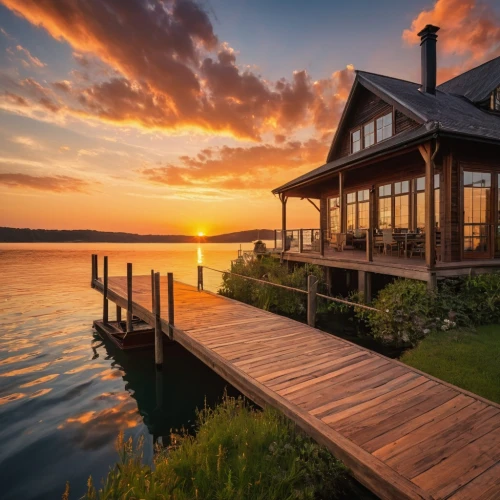 house by the water,summer cottage,house with lake,wooden decking,summer house,incredible sunset over the lake,floating huts,cottage,wooden pier,boathouse,home landscape,beautiful home,boat house,houseboat,decking,stilt house,cottagecore,lake geneva,fisherman's house,wooden house,Photography,General,Natural
