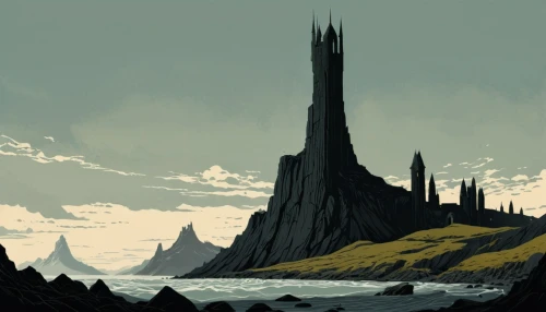 futuristic landscape,spire,minarets,post-apocalyptic landscape,old earth,fantasy landscape,monolith,ancient city,giant mountains,karst landscape,imperial shores,volcanic landscape,barren,megaliths,alien planet,an island far away landscape,mountain plateau,obelisk,stone towers,swampy landscape,Illustration,Japanese style,Japanese Style 08