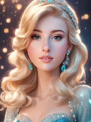 elsa,cinderella,princess anna,the snow queen,rapunzel,princess sofia,white rose snow queen,ice princess,princess' earring,doll's facial features,barbie,tiana,fairy queen,fairy tale character,tiara,ice queen,cg artwork,princess,fantasy portrait,a princess