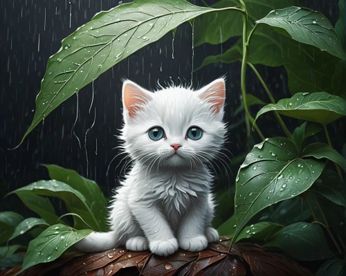 white cat,rain cats and dogs,in the rain,kitten,rainy day,cute cat,rainy,rain shower,silver rain,rainy season,little cat,raindops,walking in the rain,stray kitten,monsoon,rain,rainy weather,blossom kitten,heavy rain,raining,Illustration,Abstract Fantasy,Abstract Fantasy 02