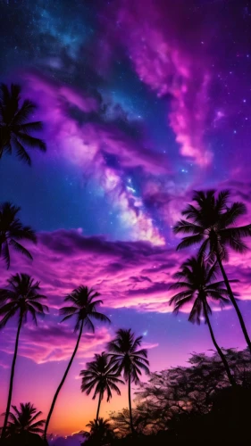 purple wallpaper,purple landscape,purple and pink,night sky,full hd wallpaper,colorful stars,hawaii,colorful background,purple,palm silhouettes,splendid colors,purpleabstract,palm tree silhouette,dusk background,background colorful,tropics,nightsky,hd wallpaper,tropical floral background,unicorn background,Photography,General,Natural