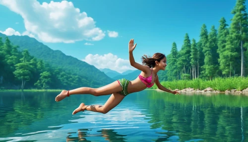 floating over lake,leap for joy,rope swing,fairies aloft,jump river,jumping off,cliff jumping,flying girl,landscape background,floating on the river,leap of faith,photoshop manipulation,digital compositing,jumping,green water,mermaid background,swimming people,girl on the river,trampolining--equipment and supplies,leaping,Photography,General,Realistic