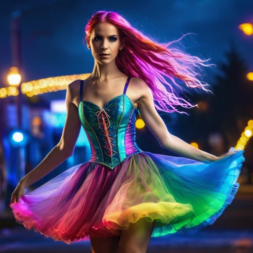 neon body painting,tutu,colorful light,fae,fairy peacock,ballet tutu,fairy,fairy queen,ballerina,ballerina girl,twirling,faerie,cocktail dress,fairy dust,fantasy girl,evil fairy,rainbow unicorn,fantasy woman,faery,party dress,Photography,General,Realistic