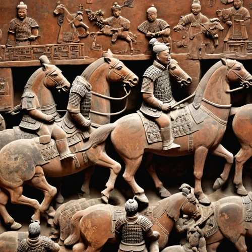 the terracotta army,terracotta warriors,chariot racing,clay figures,xi'an,korean history,miniature figures,terracotta,chinese art,wood carving,bactrian,the court sandalwood carved,wooden figures,cavalry,horse herd,trajan,stone carving,camel train,carvings,ancient parade,Illustration,Black and White,Black and White 03