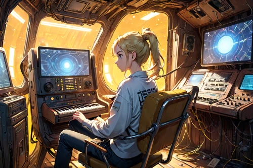 girl at the computer,cockpit,astronaut,capsule,astronomer,ufo interior,computer,operator,computer room,working space,soyuz,research station,girl studying,pilot,earth station,navigation,out space,space capsule,scifi,playing room,Anime,Anime,General