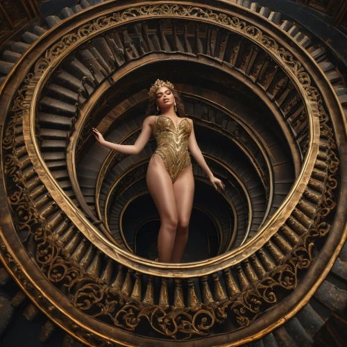 girl with a wheel,magic mirror,queen cage,golden ratio,parabolic mirror,art deco woman,clockmaker,harpist,aphrodite,wood mirror,golden wreath,art nouveau frame,venus,cleopatra,siren,mary-gold,the enchantress,decorative figure,celtic woman,lyre,Photography,General,Fantasy