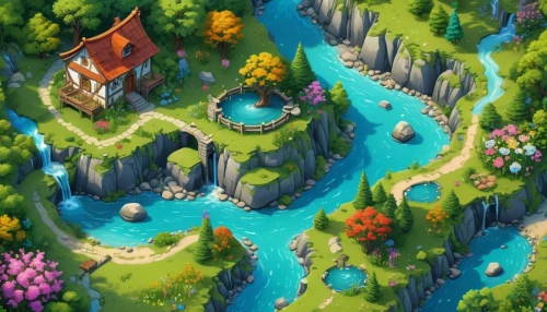 fairy village,mountain spring,river landscape,mountain village,mountain settlement,alpine village,resort town,water mill,water courses,game illustration,popeye village,fairy world,an island far away landscape,landscape background,knight village,floating islands,villages,artificial island,crescent spring,karst landscape,Unique,3D,Isometric