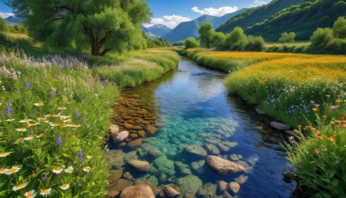 mountain spring,meadow landscape,mountain stream,river landscape,alpine meadow,mountain meadow,nature landscape,beautiful landscape,the valley of flowers,salt meadow landscape,summer meadow,clear stream,green meadow,brook landscape,flower water,mountain river,landscape background,green landscape,landscape nature,meadow in pastel,Photography,General,Realistic